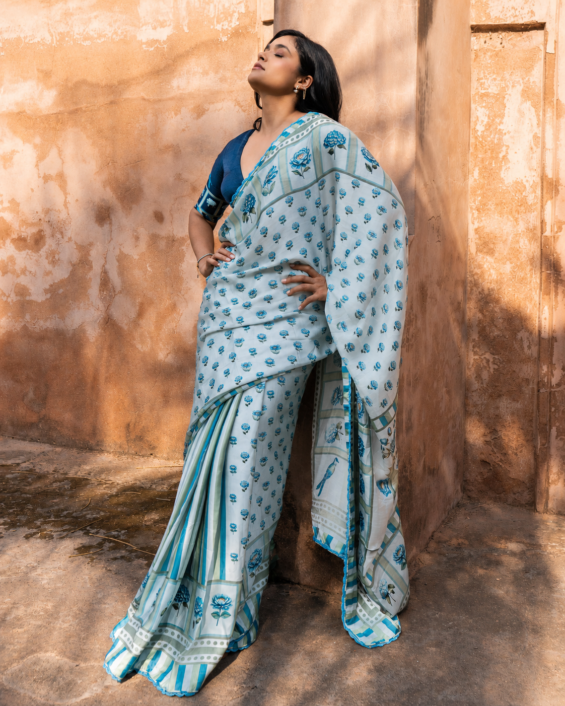 ‘Botanica Privée’ Porcelain Blue & Navy Georgette Painterly Saree