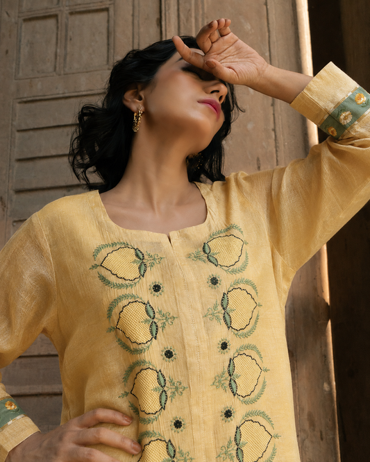 Chikankari Co ord in Gold Pure Silk Tissue Green embroidery