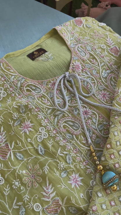 Breezy Yellow Ombre Lucknowi Chikankari Handwork 3-Piece Mul Chanderi Salwar Suit with Kardana Highlight