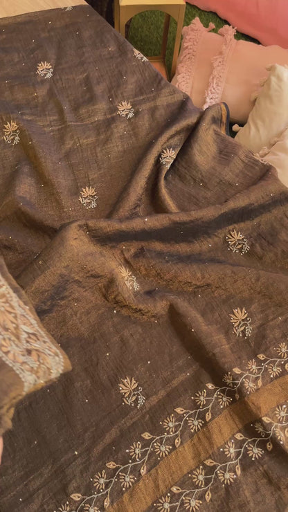 Rust Brown Pure Silk Tissue Lucknowi Chikankari Salwar Suit with Multicoloured Paisley Embroidery