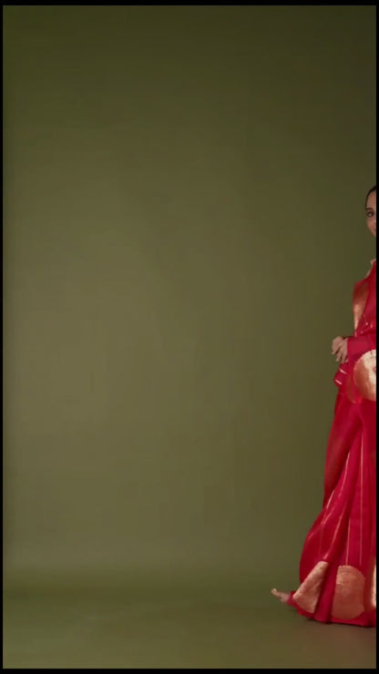 Vibrant Candy Red Katan Tissue with Gold Kadwa Motif