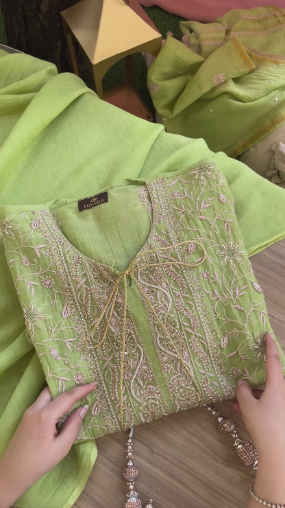Leafy Green Lucknowi Chikankari Handwork 3-Piece Mul Chanderi Salwar Suit with Kardana Highlight
